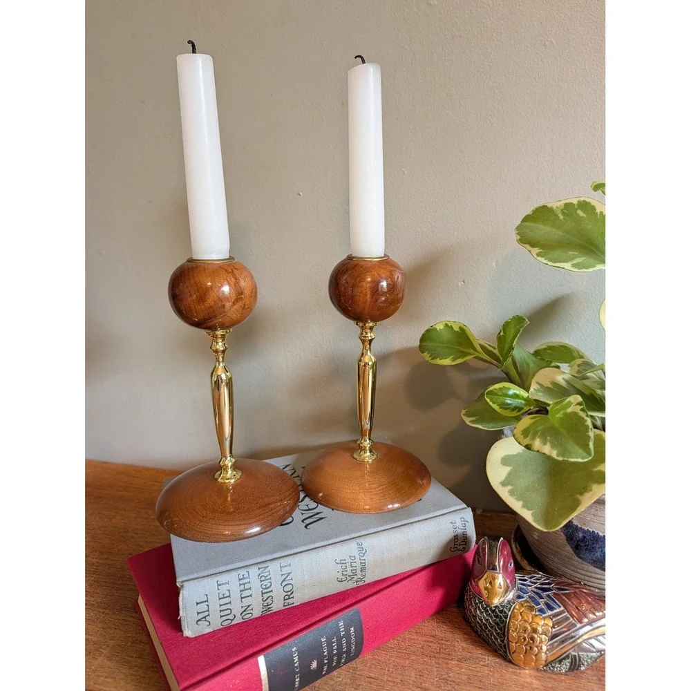 Vintage Myrtlewood Candlestick Pair Bandon Oregon Wood Gold Mid Century Modern